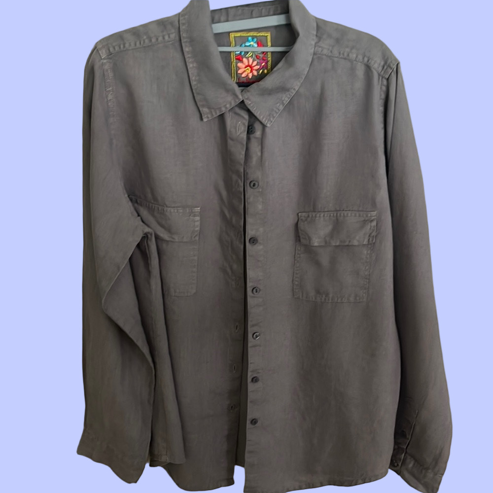 Johnny Was 100% Cotton Gray Button Down Shirt